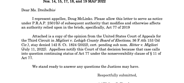 LDF Sends Letter to PA Supreme Court on Status of Mail Voting Law After Recent Third Circuit Decision